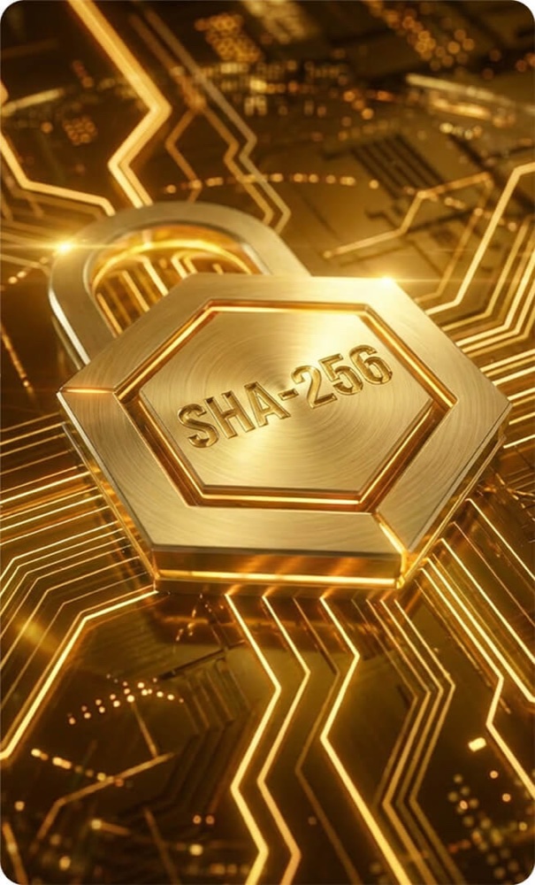 Cadeado dourado com a inscrição SHA-256 sobre uma placa de circuitos.