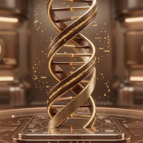 Hélice de DNA dourada sobre uma base de circuitos.