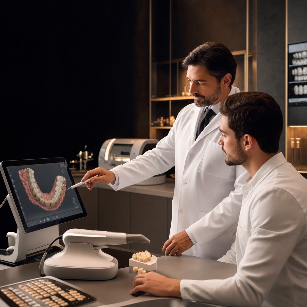 Dentista acompanhando um colega diante do planejamento digital de uma arcada na tela.