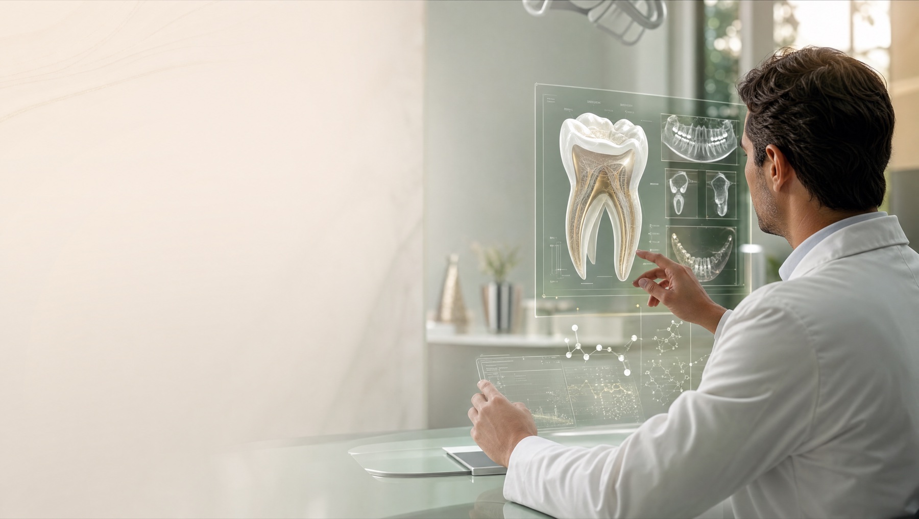 Cirurgião-dentista examinando o modelo digital de um dente em uma interface de planejamento.